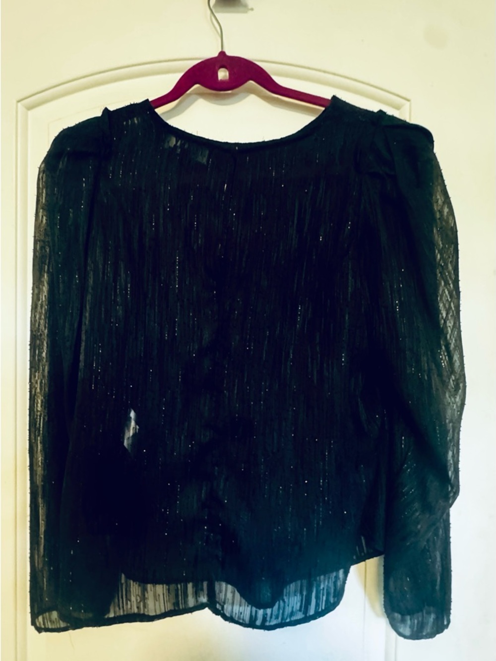 DKNY Black Sheer Long-Sleeve Metallic Thread Top